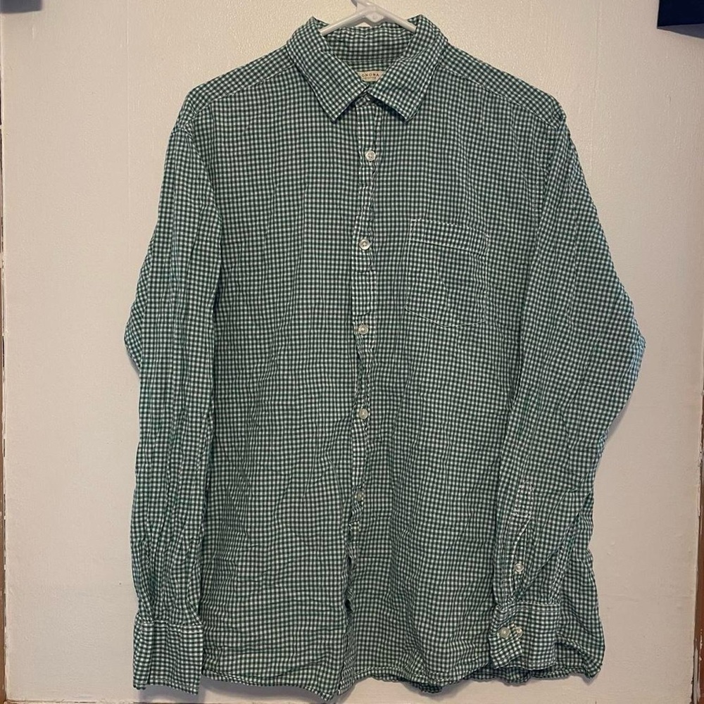 Green & white checkered button down shirt